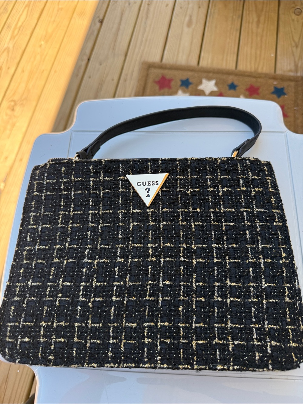 NEW GUESS Black Tweed Shoulder Bag with Gold Accents
